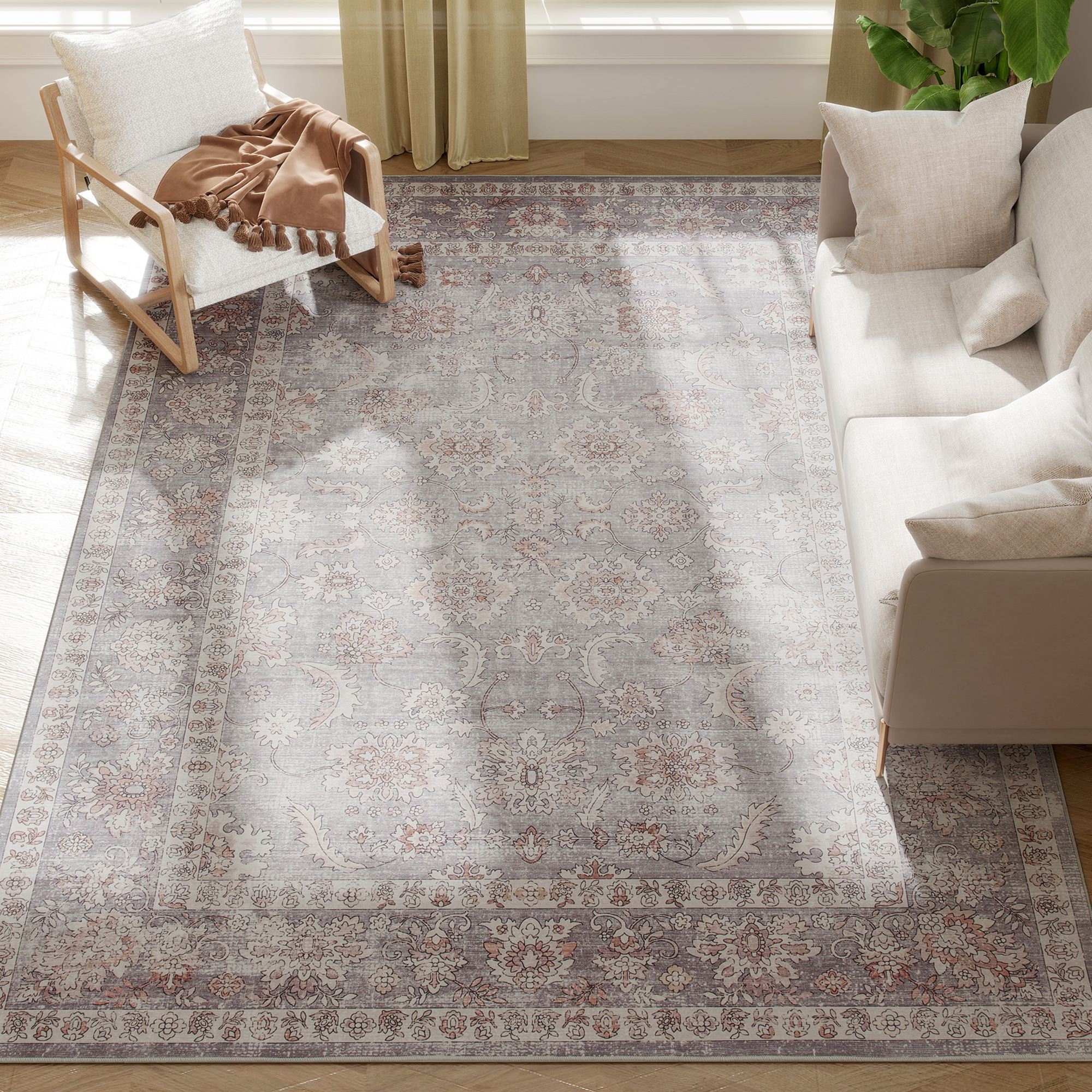 Machine Washable Area Rug 8x10, Non-Slip Traditional Flower Print Floor Carpet for Living Room, Bedroom, Grey and Brown
