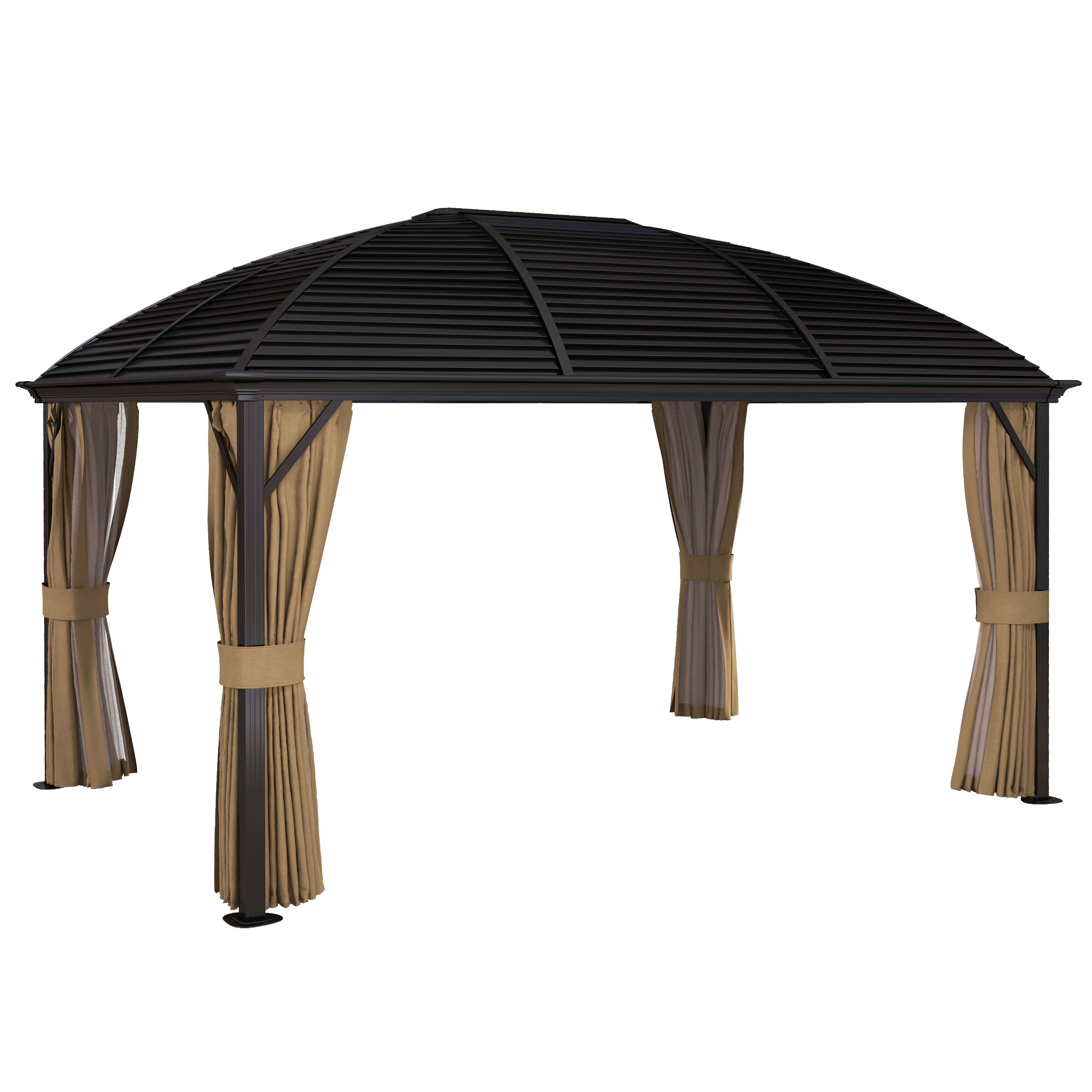 10' x 14' Hardtop Gazebo with Curtains, Netting, Pavilion with Steel Roof Ceiling Hook for Garden Patio, Brown