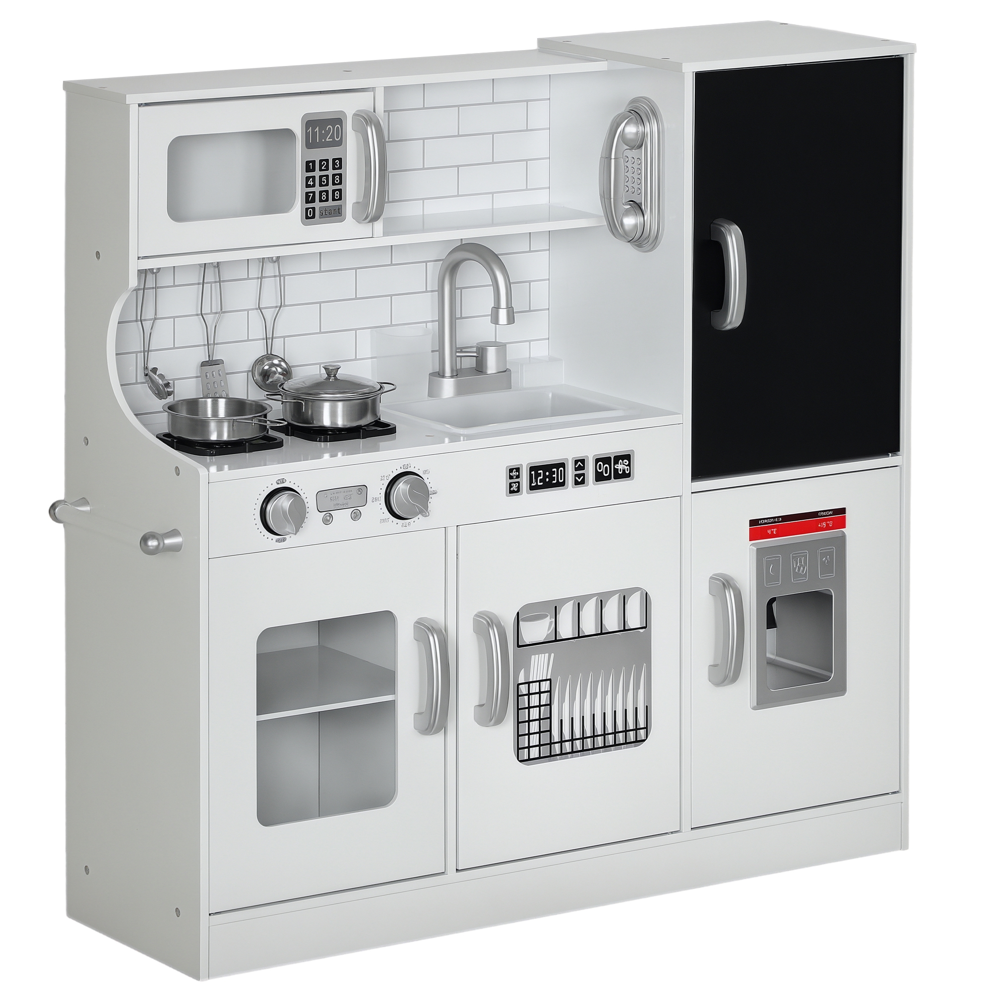 Pretend Play Kitchen, Kids Kitchen Playset, with Toy Phone, Chalkboard, Microwave, Cooking Stove, Sink, White