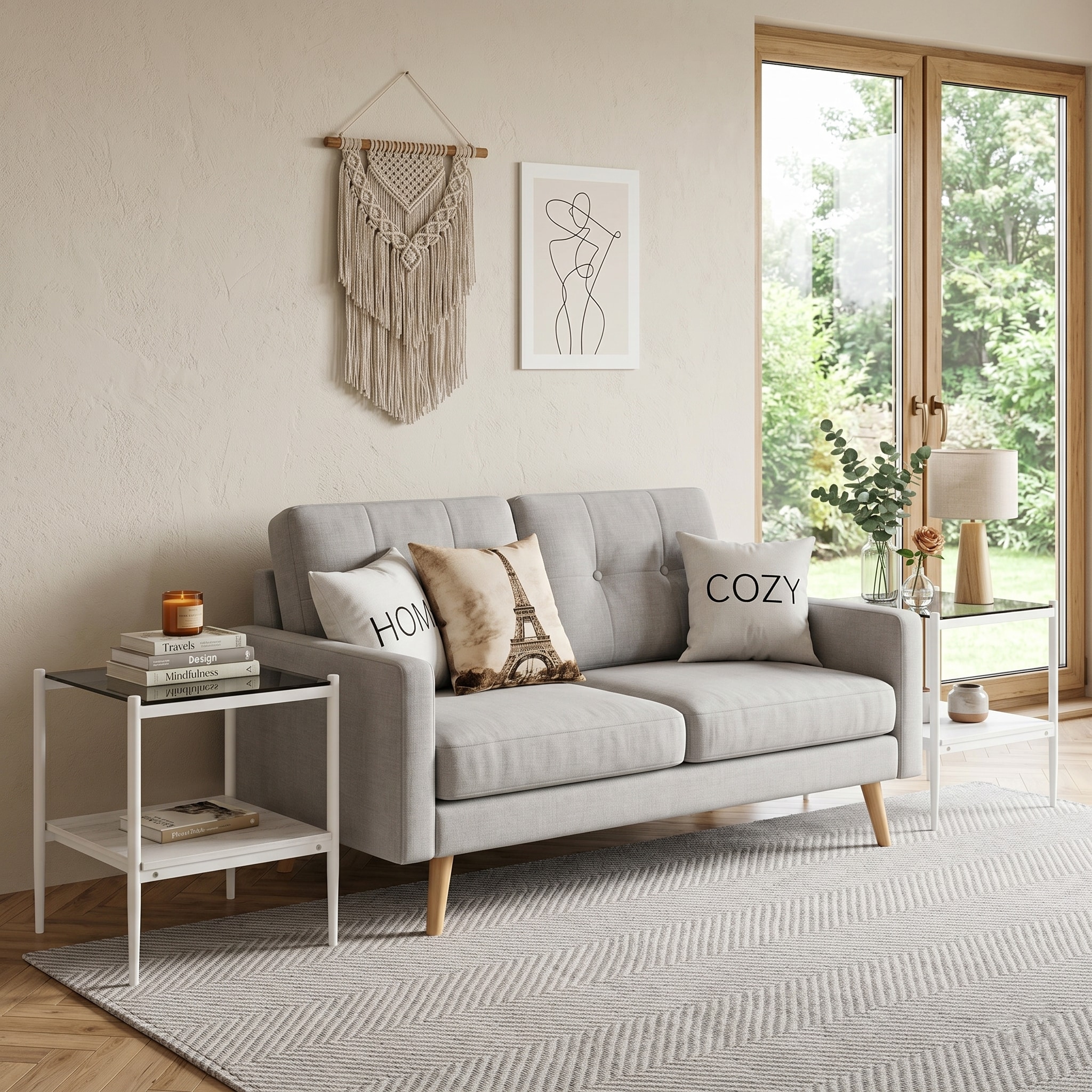 Set of 2 Rectangle End Table, Tempered Glass Tabletop with MDF layer, Modern Table for Living Room , Gray Glass