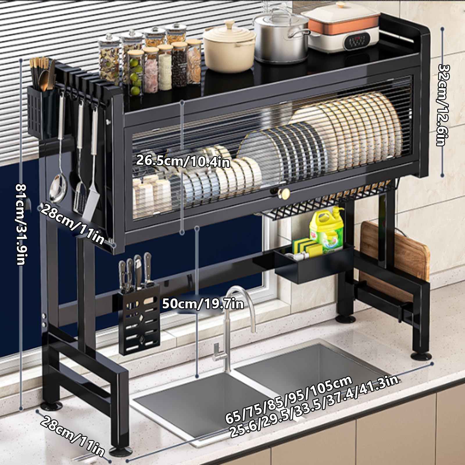 Multi Functional Tableware Storage Double Layer Drain Rack ,Keep Kitchen Sink Shelf Organized Space-Saving,Rack Dish Washing Sink Counter Top Dust Proof Cupboard Storage (Black,85cm/33.5inch)