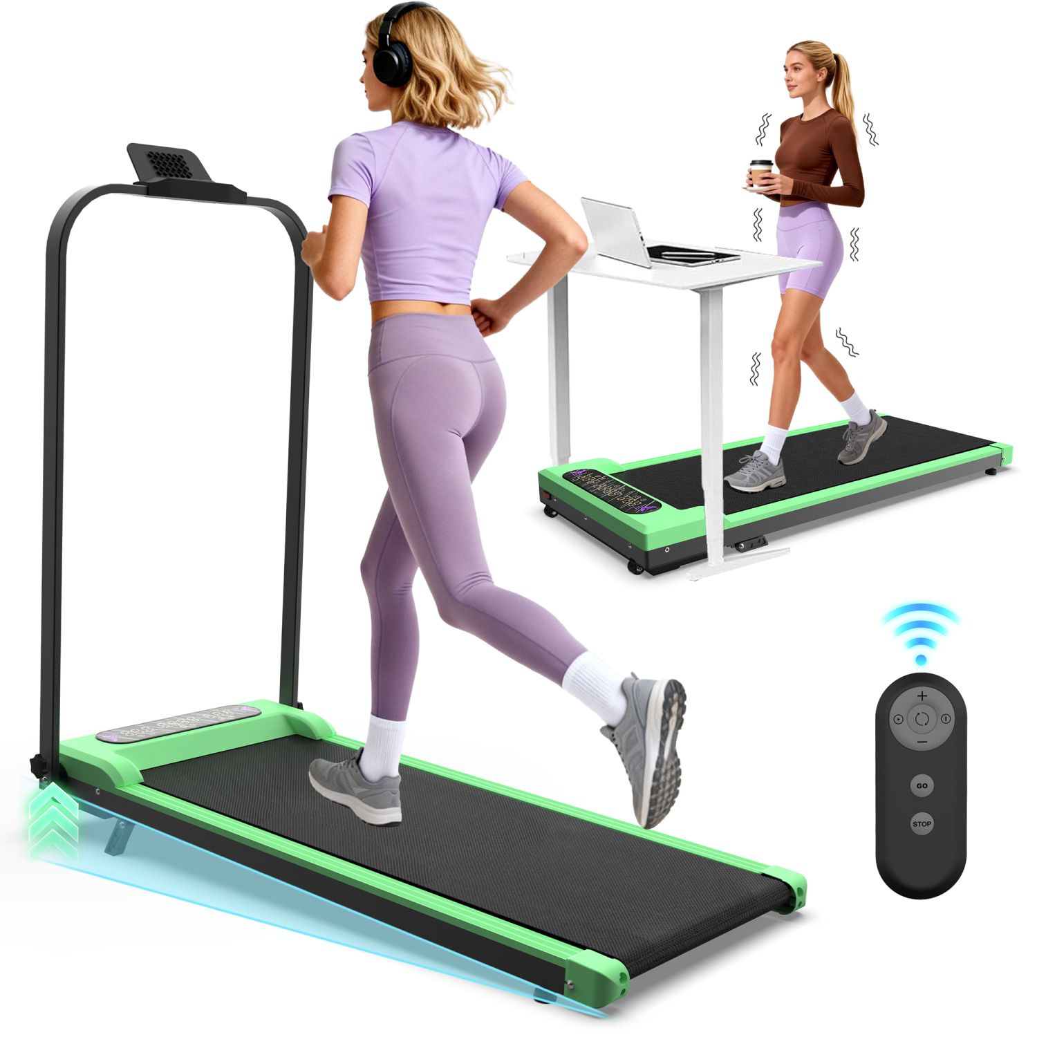 Foldable Treadmill with Handle Bar & Incline, 2 in 1 Upgrade Portable Under Desk Walking Pad and Vibration Pad with Remote Control for Home Office Small Spaces