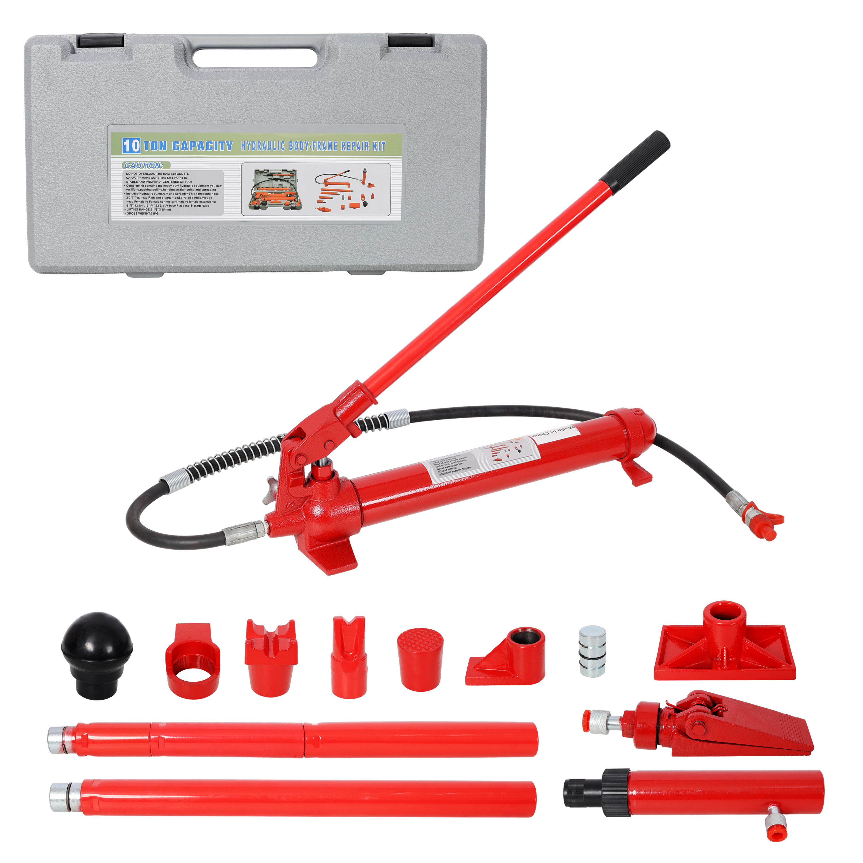 10Ton Porta Power Kit, Portable Hydraulic Jack with Oil Hose, Auto Body Frame Repair Kit with Storage Case for Car Repai, Red