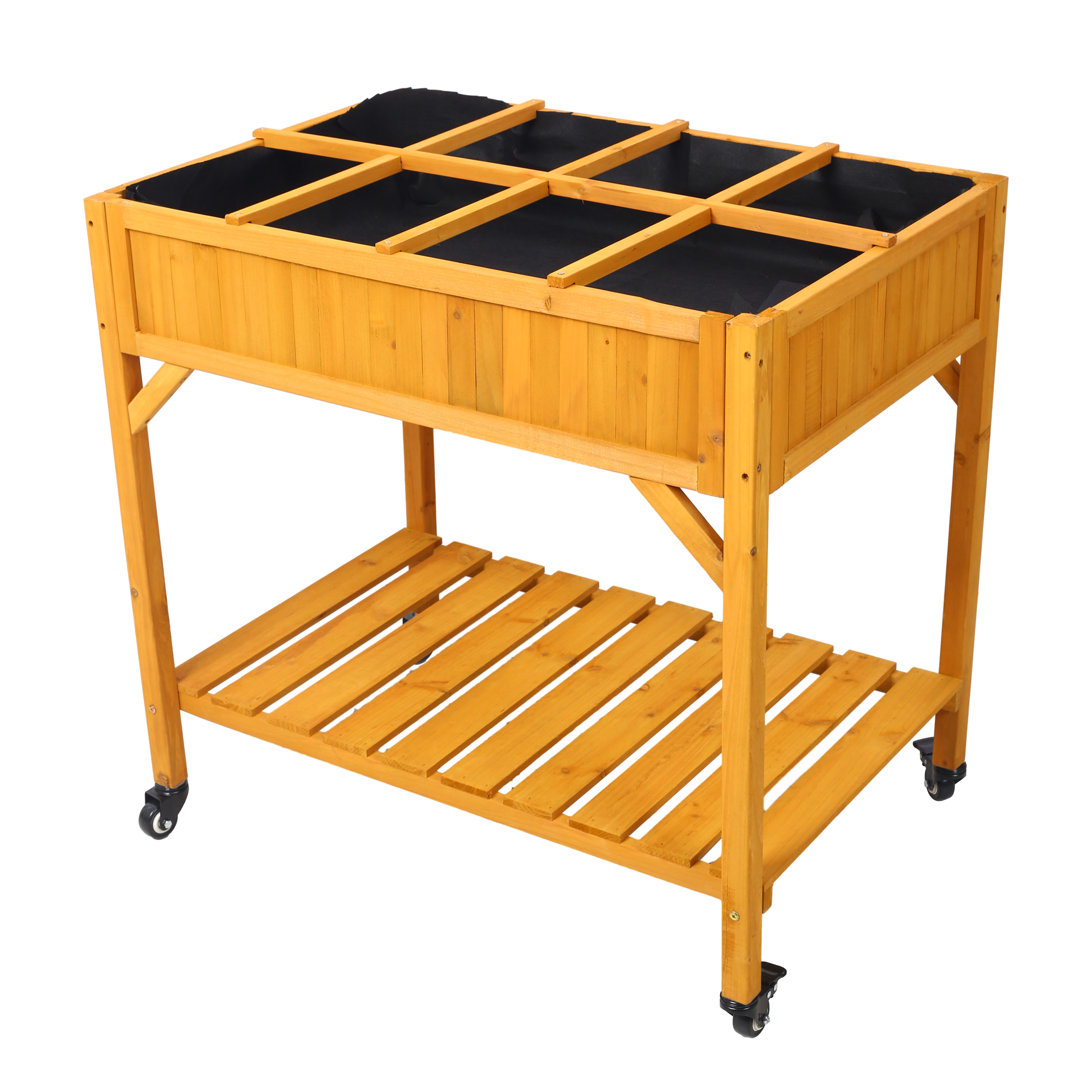Elevated 8 Pocket Herb Garden Bed, Mobile Raised Customizable Wood Planter for Herbs, Vegetables, Flowers w/ Lockable Wh, Brown