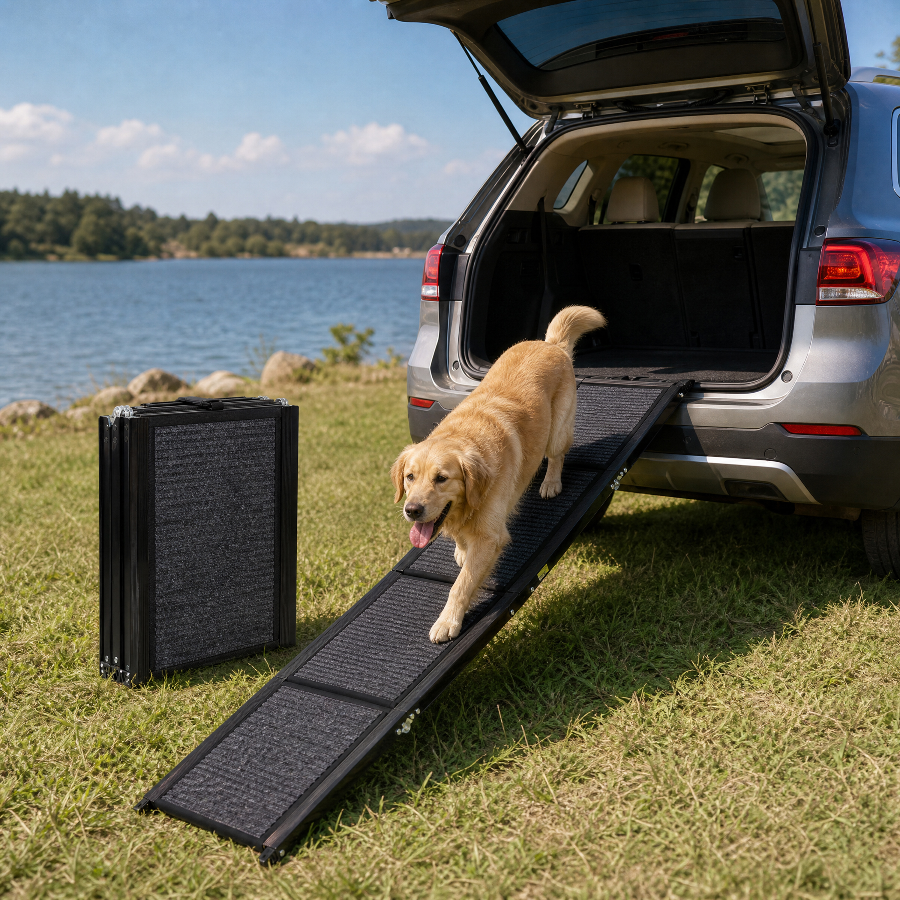 Folding Dog Ramp for Car, Portable Pet Ramp with Non-Slip Felt Rug Surface, Supports Up to 150 LBS, Wide Stable Pet Car 