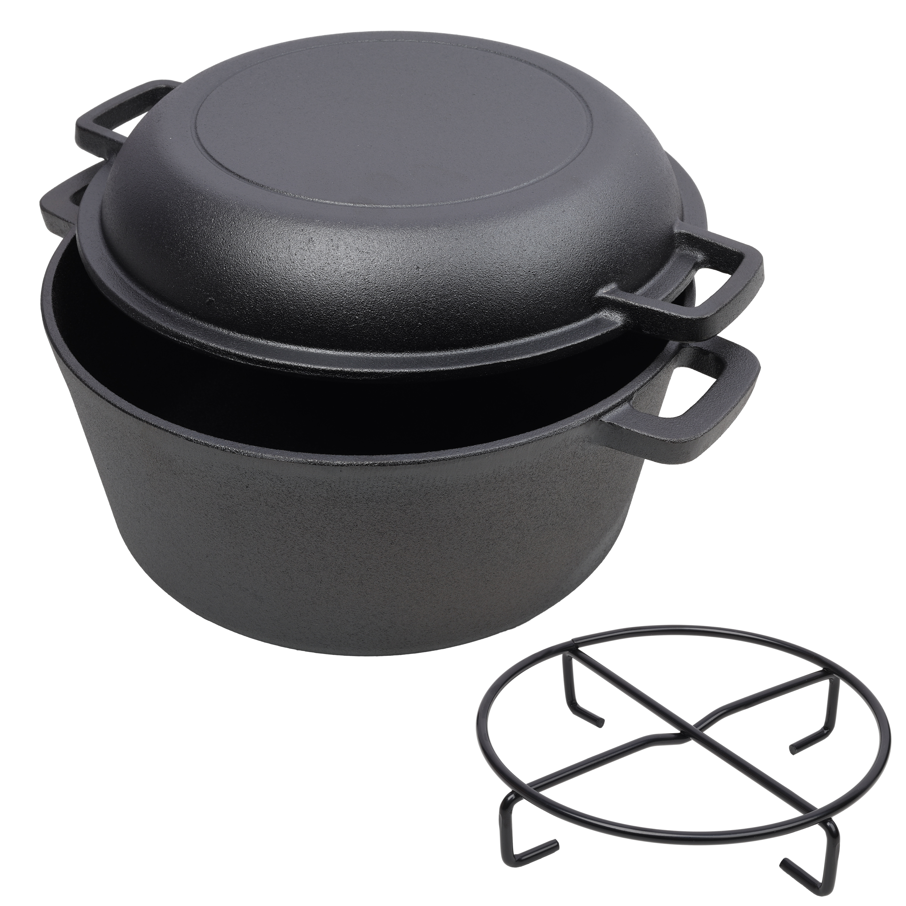 2 in 1 Pre-Seasoned Cast Iron Dutch Oven With Dual Handles, Outdoor Camping Deep Pot for Camping Fireplace Cooking BBQ B