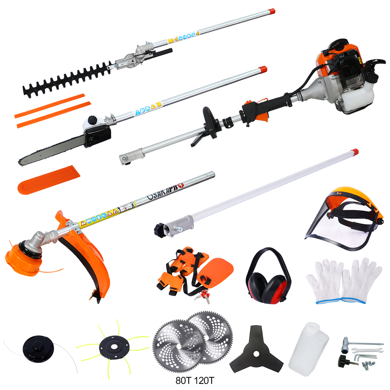 12 in 1 Multi-Functional Trimming Tool, 52CC 2-Cycle Garden Tool System with Gas Pole Saw, Hedge Trimmer, Grass Trimmer,, Orange