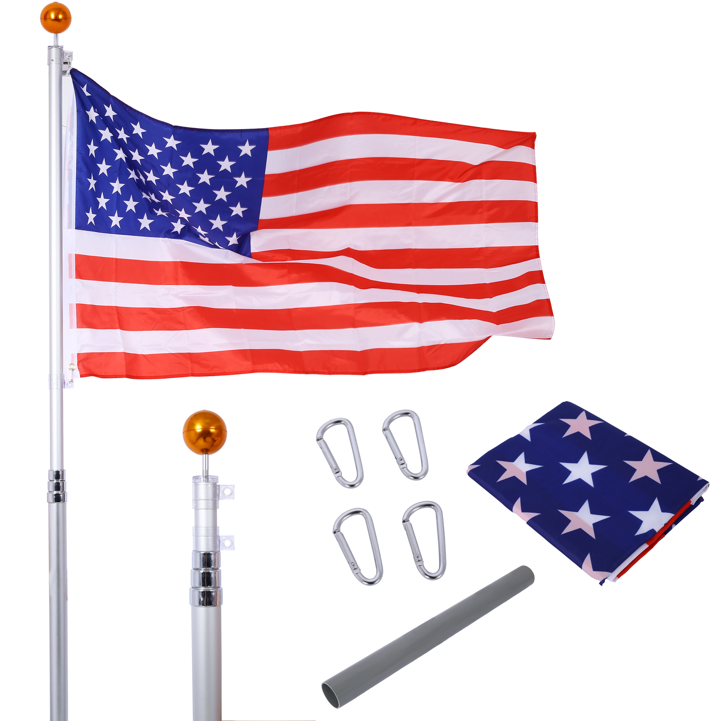 16FT Telescopic Flag Pole Kit,  Sectional Flag Pole Kit, Extra Thick Heavy Duty Aluminum Flagpole, Outdoor Inground Flag, Silver