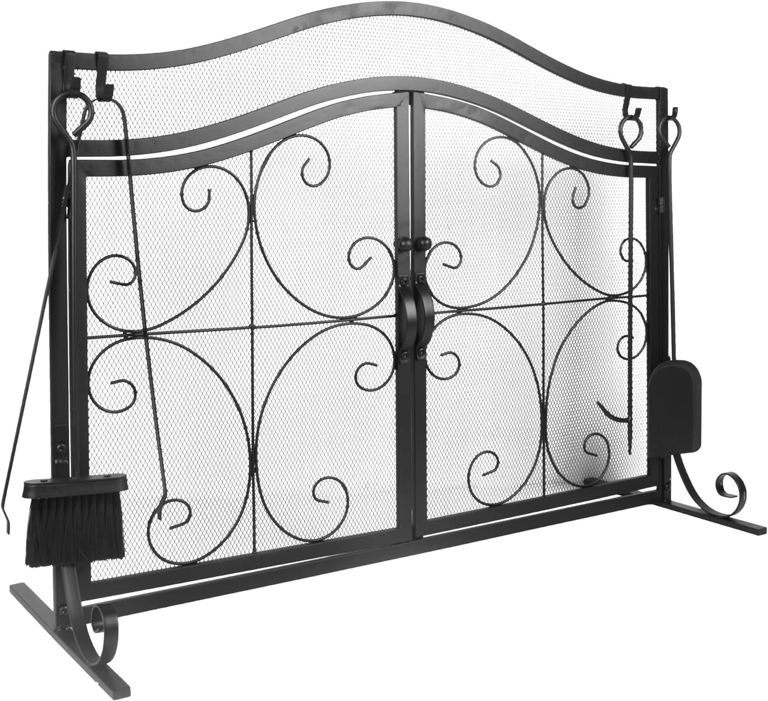 Fireplace Screen, Metal Fire Place Cover Two-Doors Large Flat Guard Screens, Baby Safe Spark Guard Protector Wood Burning Stove Decorative Accessories - type: arch
