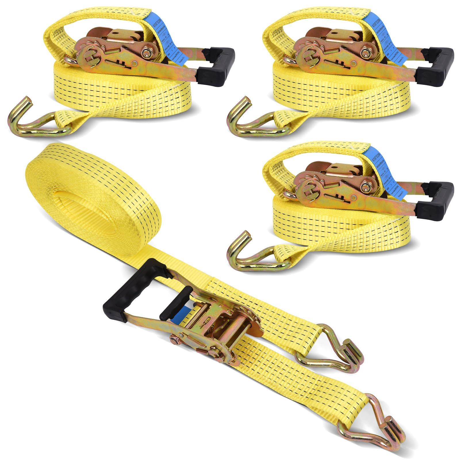 4 Pack Ratchet Straps with J Hooks, 11000 lb Break Strength, 2