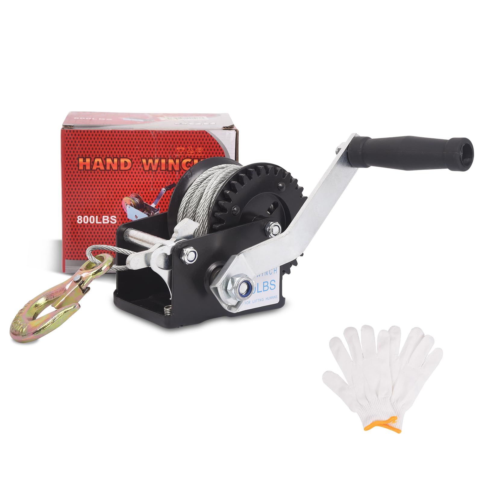800lbs Boat Trailer Winch, Hand Winch with Gloves, Heavy Duty Hook with 33ft Steel Cable, Manual Operated Winch for Trailers ATV UTV Boat Marine