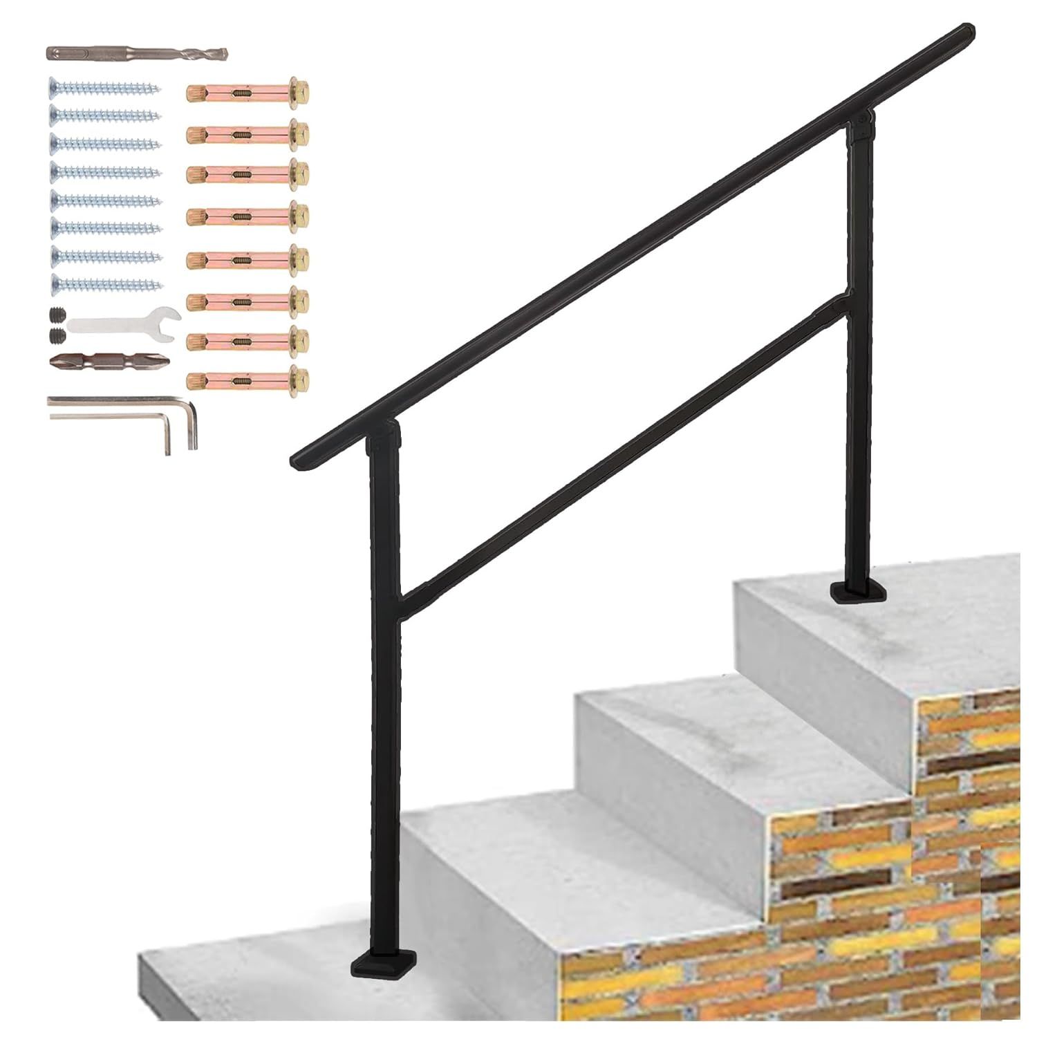 Outdoor Stair Railing,Black Exterior Handrail Adjustable from 0 to 60 Degrees Black Cast Iron Handrails for Outdoor Ramps Anti-Static Spray Paint for Concrete, Porch Steps - steps: 3 to 4 Steps