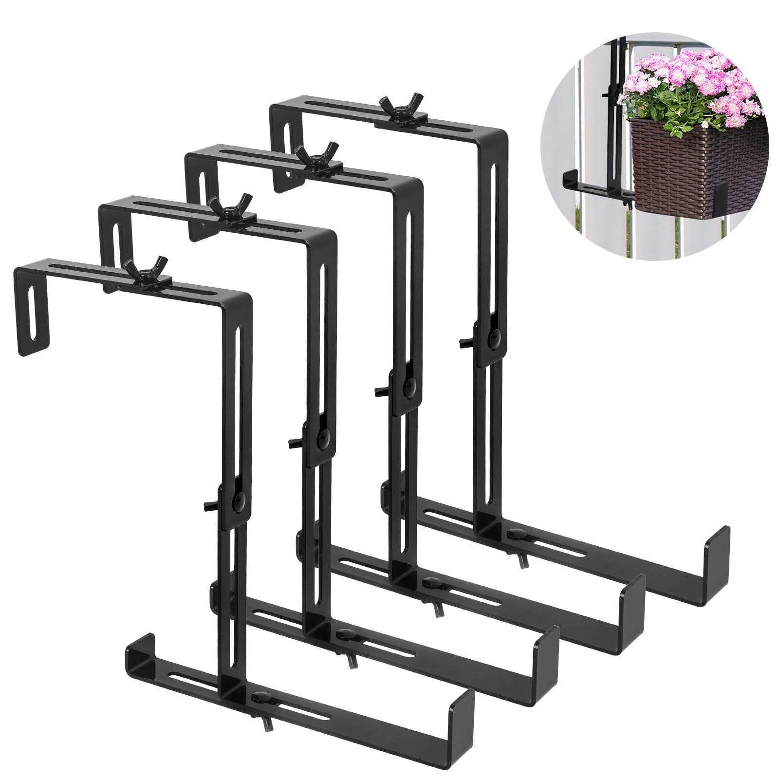 2pcs/4pcs Window Box Brackets, Adjustable Planter Box Brackets, Universal Steel Hanging Flower Box Brackets for Railings Deck Windowsill, No Drill Planter Brackets for Balcony, Fences, Patio - QTY: 4PCS