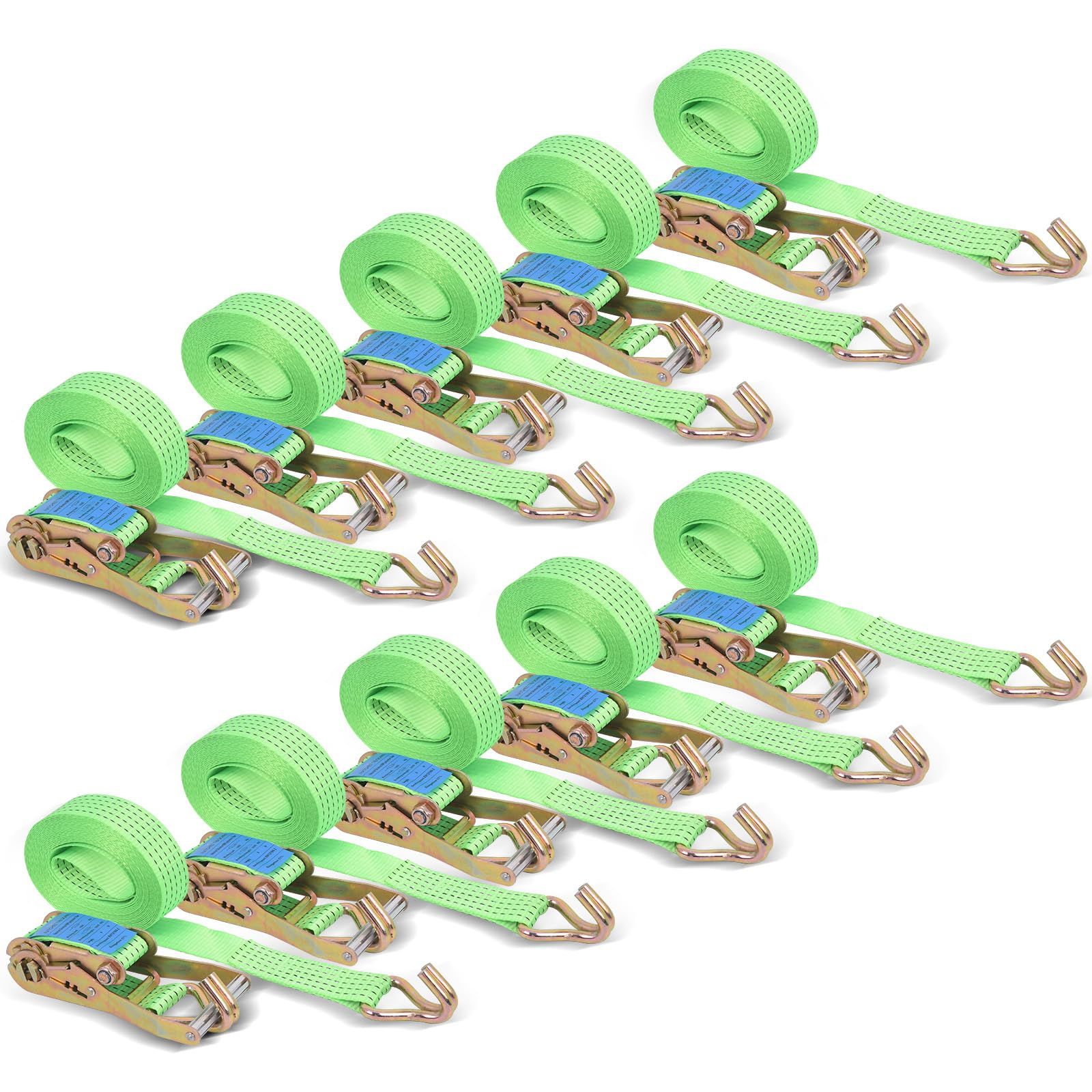 10 Pack Ratchet Straps with J Hooks, 3307 Lbs Working Load Limit, 2