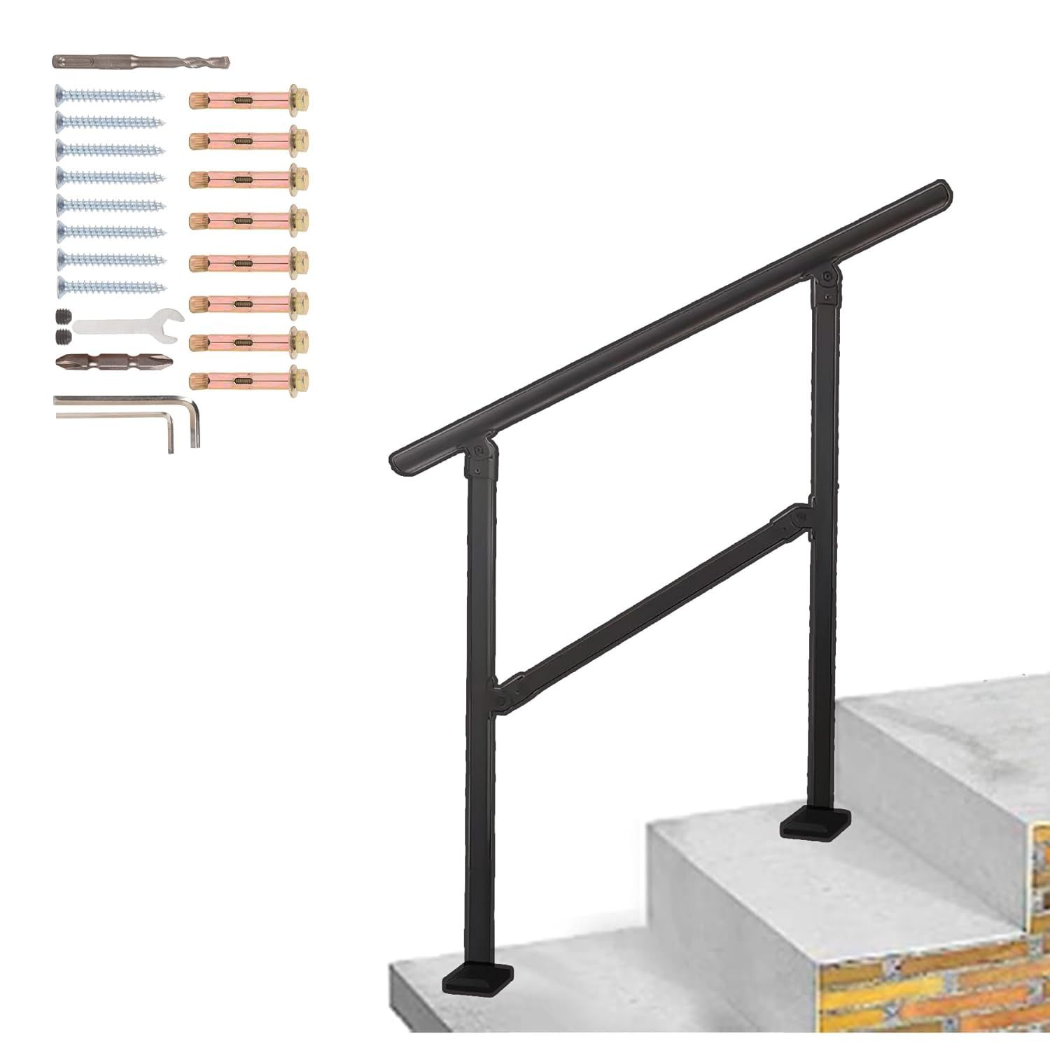 Outdoor Stair Railing,Black Exterior Handrail Adjustable from 0 to 60 Degrees Black Cast Iron Handrails for Outdoor Ramps Anti-Static Spray Paint for Concrete, Porch Steps - steps: 2 to 3 Steps