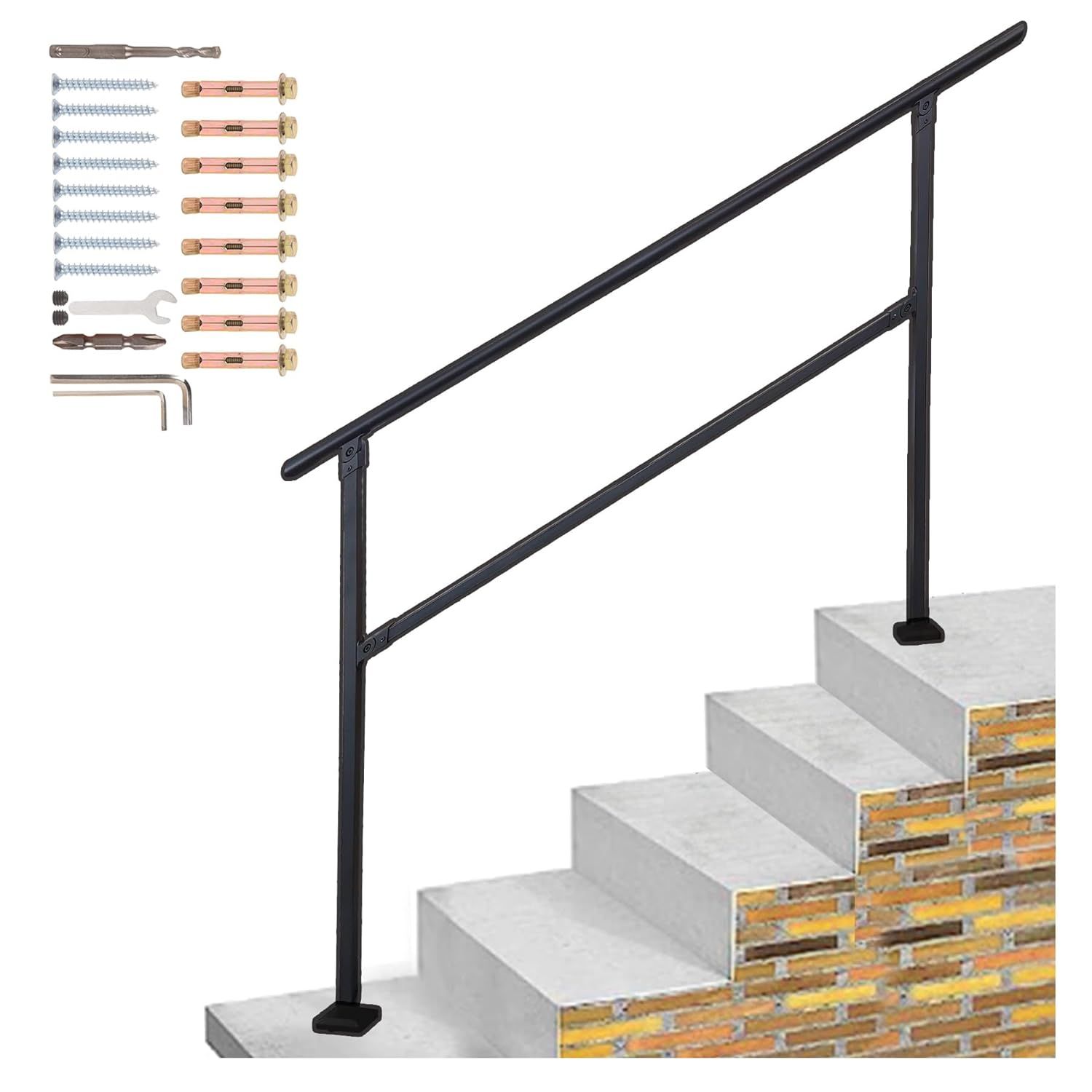 Outdoor Stair Railing,Black Exterior Handrail Adjustable from 0 to 60 Degrees Black Cast Iron Handrails for Outdoor Ramps Anti-Static Spray Paint for Concrete, Porch Steps - steps: 4 to 5 Steps